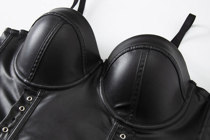 Black Leather Corset Top | Womens Boning Bustier Vest with Adjustable Straps | noémi