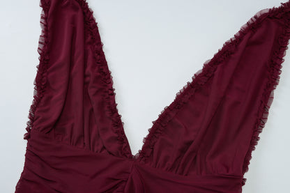 Womens Mesh Maxi Dress with V Neck Halter and Backless Design | noémi