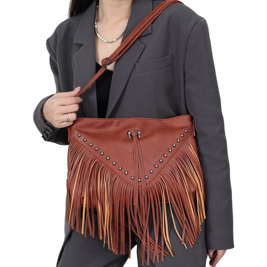 Brown Rivet Tassel Soft Leather Shoulder Bag – Casual Cross‑Body | noémi