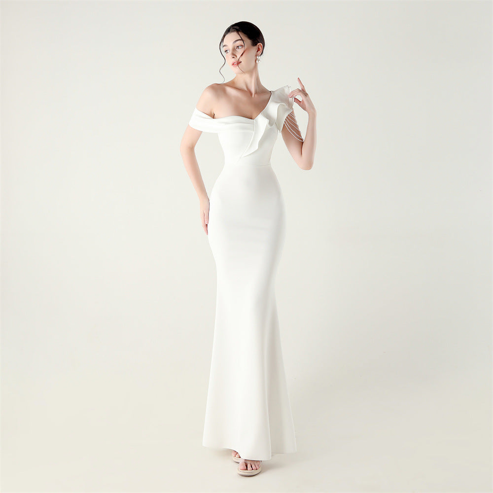 Ruffled One Shoulder Satin Gown with Beaded Chains | Slim Fit Fishtail Dress | noémi