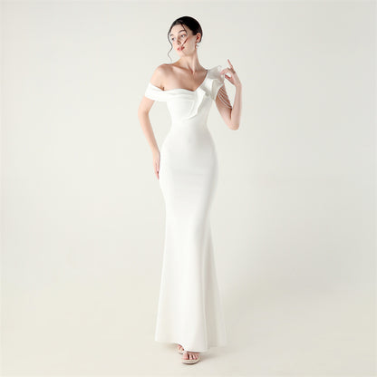 Ruffled One Shoulder Satin Gown with Beaded Chains | Slim Fit Fishtail Dress | noémi