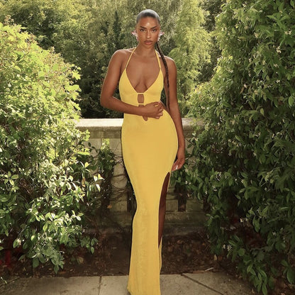 Womens Dress | Hollow Out Cutout | Backless VNeck Slim Fit Halter Maxi Dress | noémi