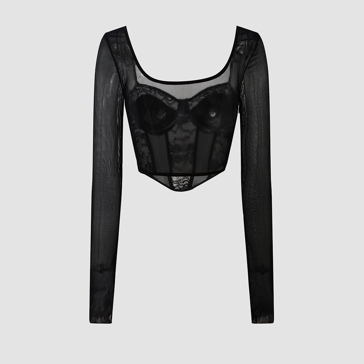 Black Lace Grenadine Corset Top with Boning and Square Collar Long Sleeves | noémi