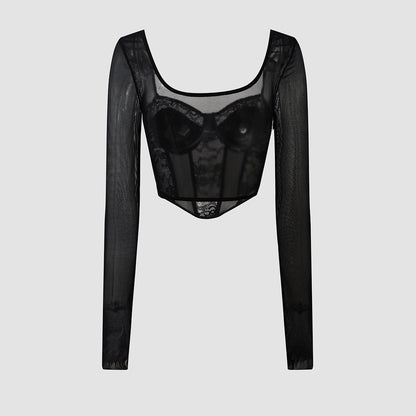 Black Lace Grenadine Corset Top with Boning and Square Collar Long Sleeves | noémi