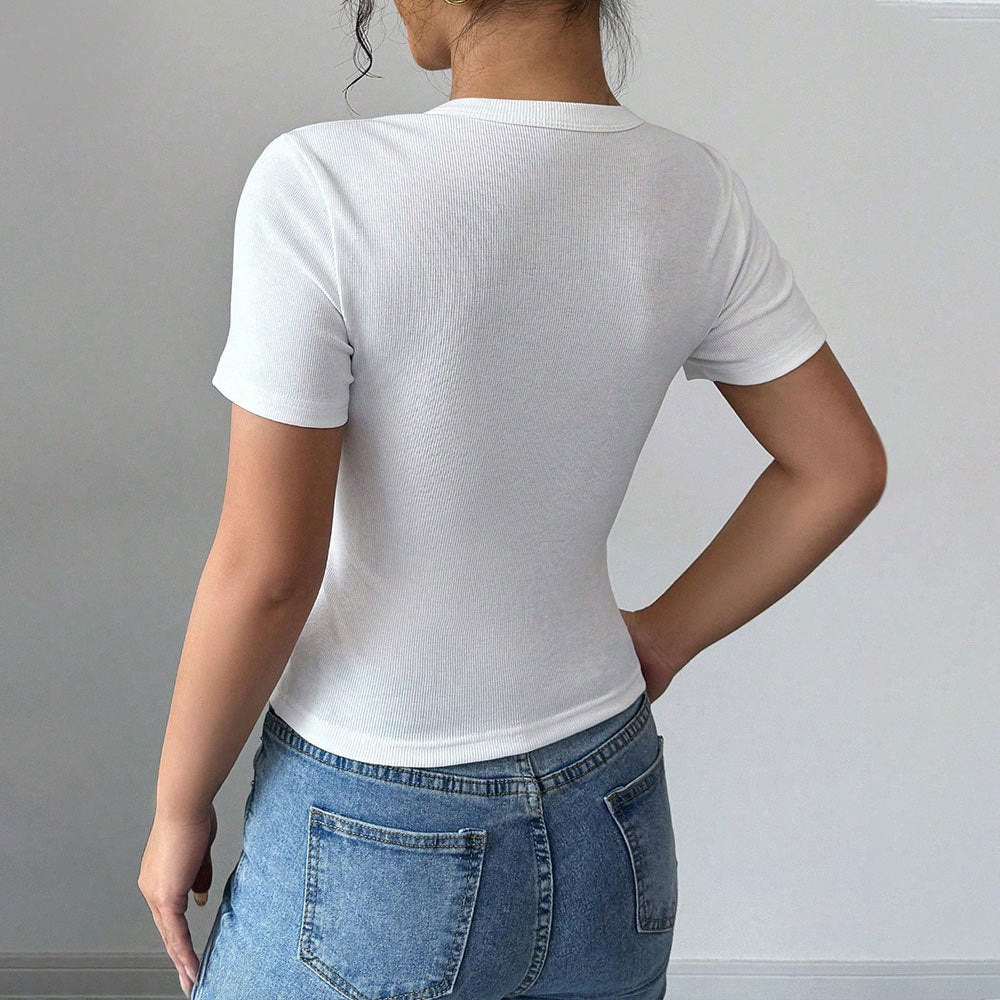 White Ribbed Short Sleeve Button Up Cropped Tee | Slim Fit | noémi