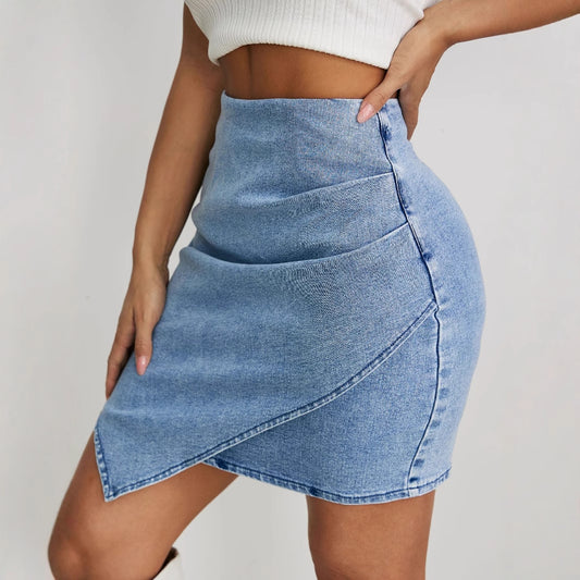 High Waist Ruched Denim Skirt | Hem Sheath Fit  | noémi