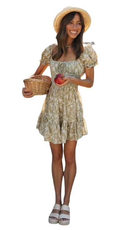 Womens Printed Waist Smocking Dress with Puff Sleeves & Ruffles | noémi