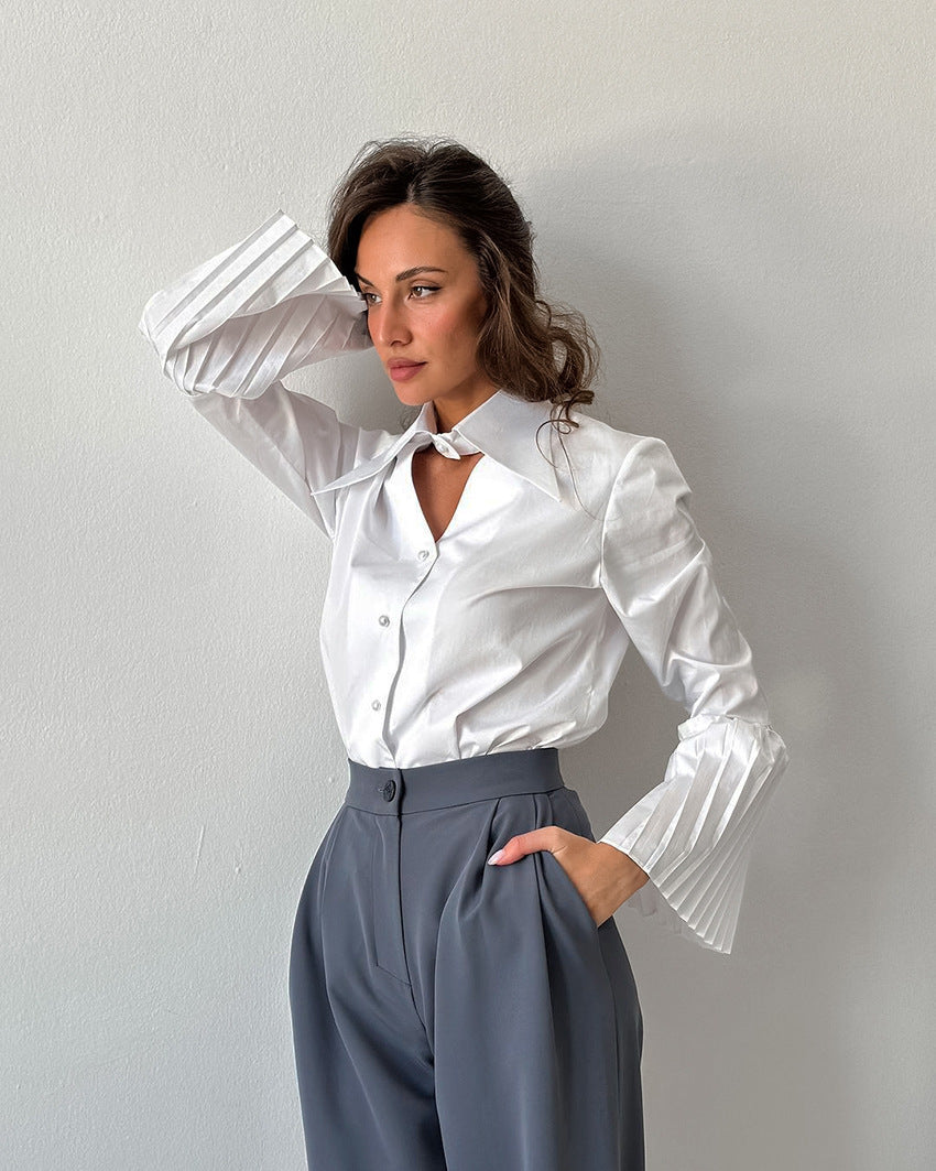 Polo Collar Pure Cotton Pleated Bell Sleeve Shirt | Top for Women | noémi