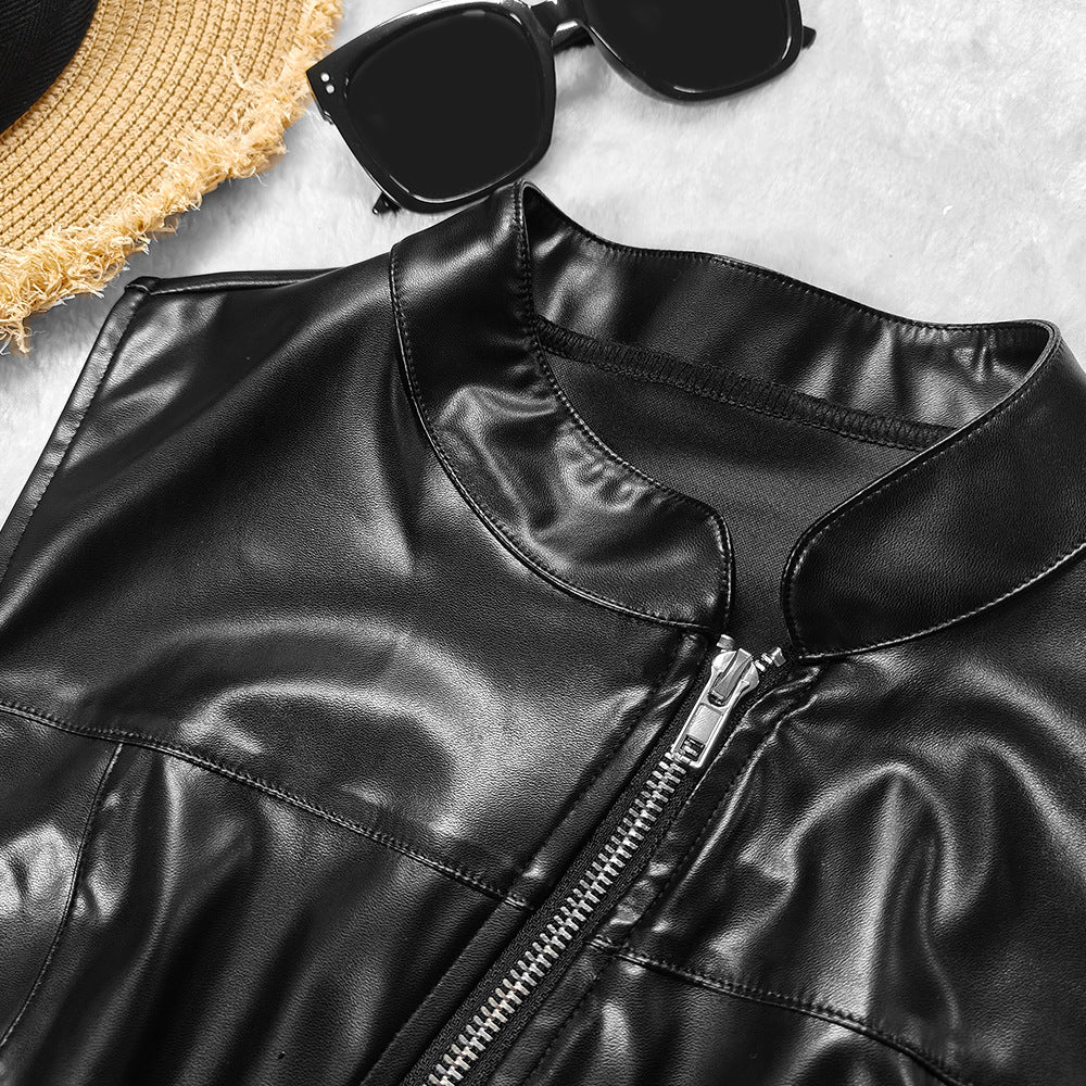 Sleek Stand Collar Faux Leather Vest | Sleeveless Slim Fit with Waist Defining Zipper Detail | noémi