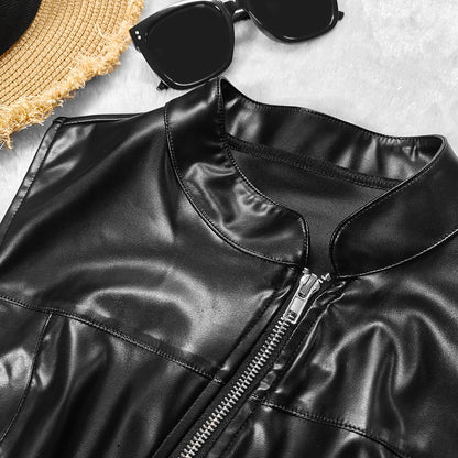 Sleek Stand Collar Faux Leather Vest | Sleeveless Slim Fit with Waist Defining Zipper Detail | noémi