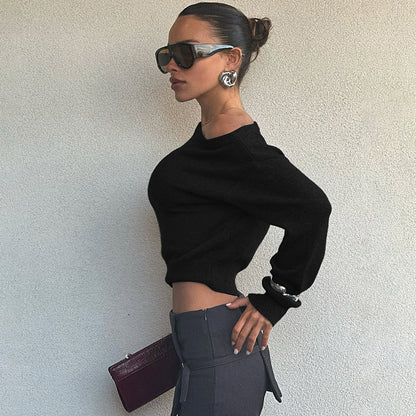 Womens Cropped Top | Slim Fit, Diagonal Collar Long Sleeve | noémi
