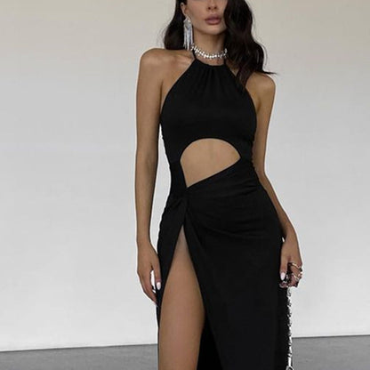 Cutout High Slit Halter Dress | Lace Up Gown for Women | noémi