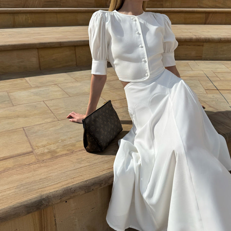 Satin TwoPiece Set | HighGrade Skirt & Round Neck Short Sleeve Cardigan Top | noémi