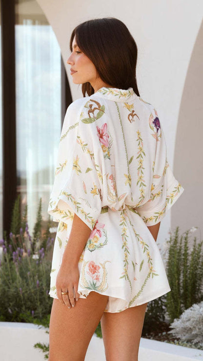 Floral Print Womens Romper | Polo Collar, Mid Sleeve, Waist Tie | noémi