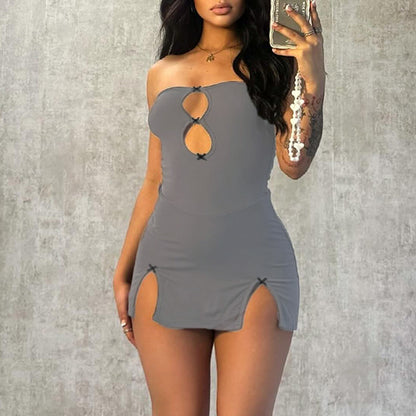 Bow Detail Sleeveless Dress with Hollow Cutouts and Side Split | noémi