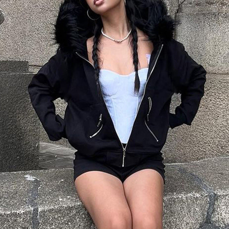 Fur Collar Hoodie Coat with Zipper Pockets | Loose Fit  Stitching Cardigan for Women | noémi