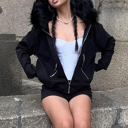 Fur Collar Hoodie Coat with Zipper Pockets | Loose Fit  Stitching Cardigan for Women | noémi