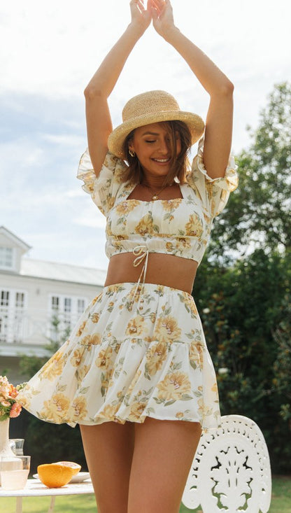 Floral Square Neck Puff Sleeve Crop Top & Skirt Set | Boho Two Piece Outfit | noémi