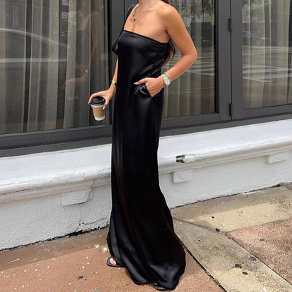 Black Satin Tube Top Dress | High Waist Loose Fit | noémi