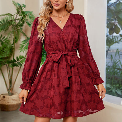 Lace Cocktail Dress | V Neck Long Sleeve Flare with Belt | noémi