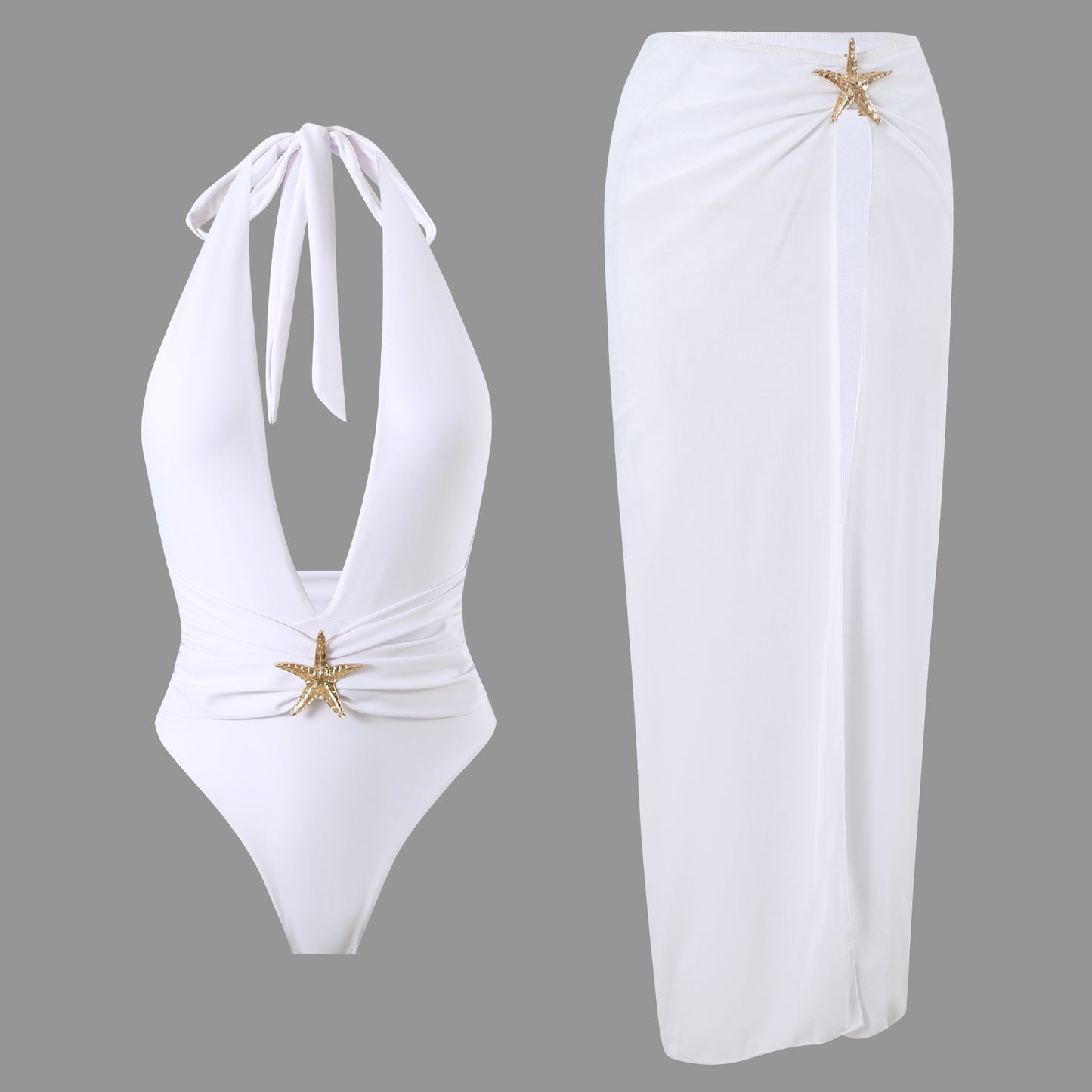 Womens Mesh Halter One Piece Swimsuit with Split Maxi Cover Up | noémi