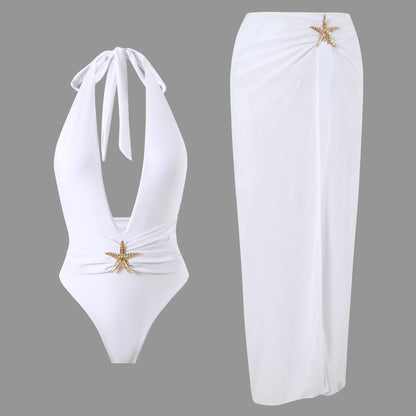 Womens Mesh Halter One Piece Swimsuit with Split Maxi Cover Up | noémi