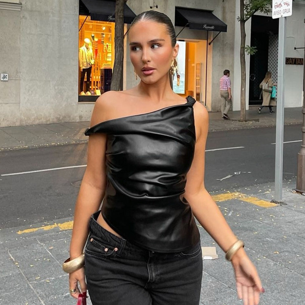 Womens Sleeveless Faux Leather One Shoulder Vest | noémi