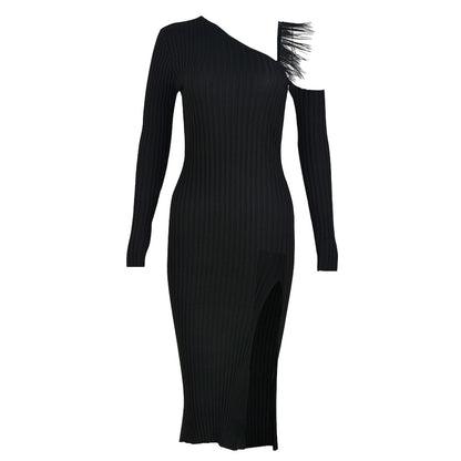 Hollow Out Furry Maxi Dress with Diagonal Collar and Cutout Detail | noémi