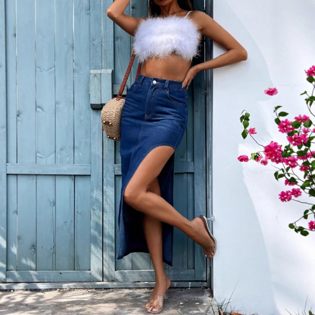 High Slit Denim Midi Skirt | Sultry Side Split | noémi