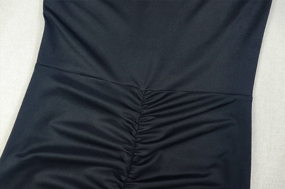 One Shoulder Cocktail Dress | Pleated Slim Fit, Solid Color, Long Sleeve | noémi