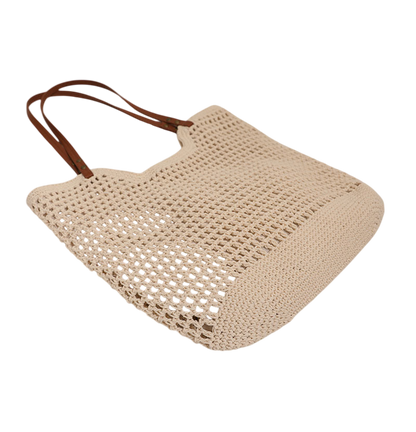 Cotton-Thread Crochet Shoulder Tote – Hollow-Out Large-Capacity Beach Bag, Cream | noémi