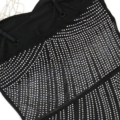 Mesh Panel Milk Silk Dress with Chain Straps and Rhinestone Detail | noémi