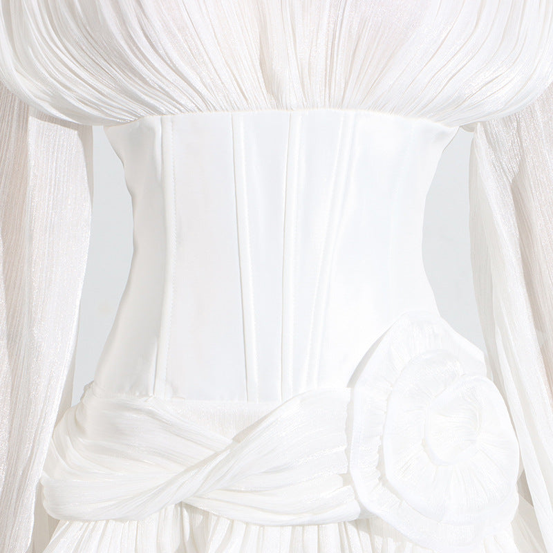 Womens V Neck Ruffled Dress with Puff Sleeves 3D Floral Design | noémi