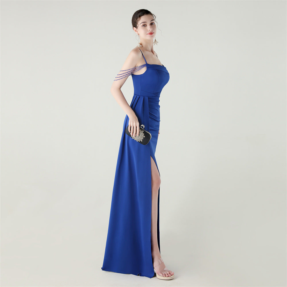 Satin Beaded Fishtail Dress | Spaghetti Straps, Thigh Slit | noémi