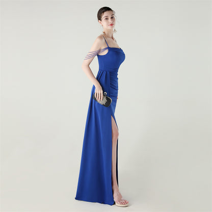 Satin Beaded Fishtail Dress | Spaghetti Straps, Thigh Slit | noémi