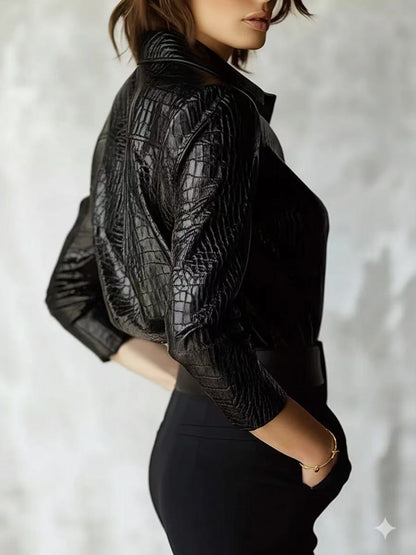 Glossy Faux Leather Shirt | Black Serpentine Texture, Long Sleeve Button Up for Women | noémi
