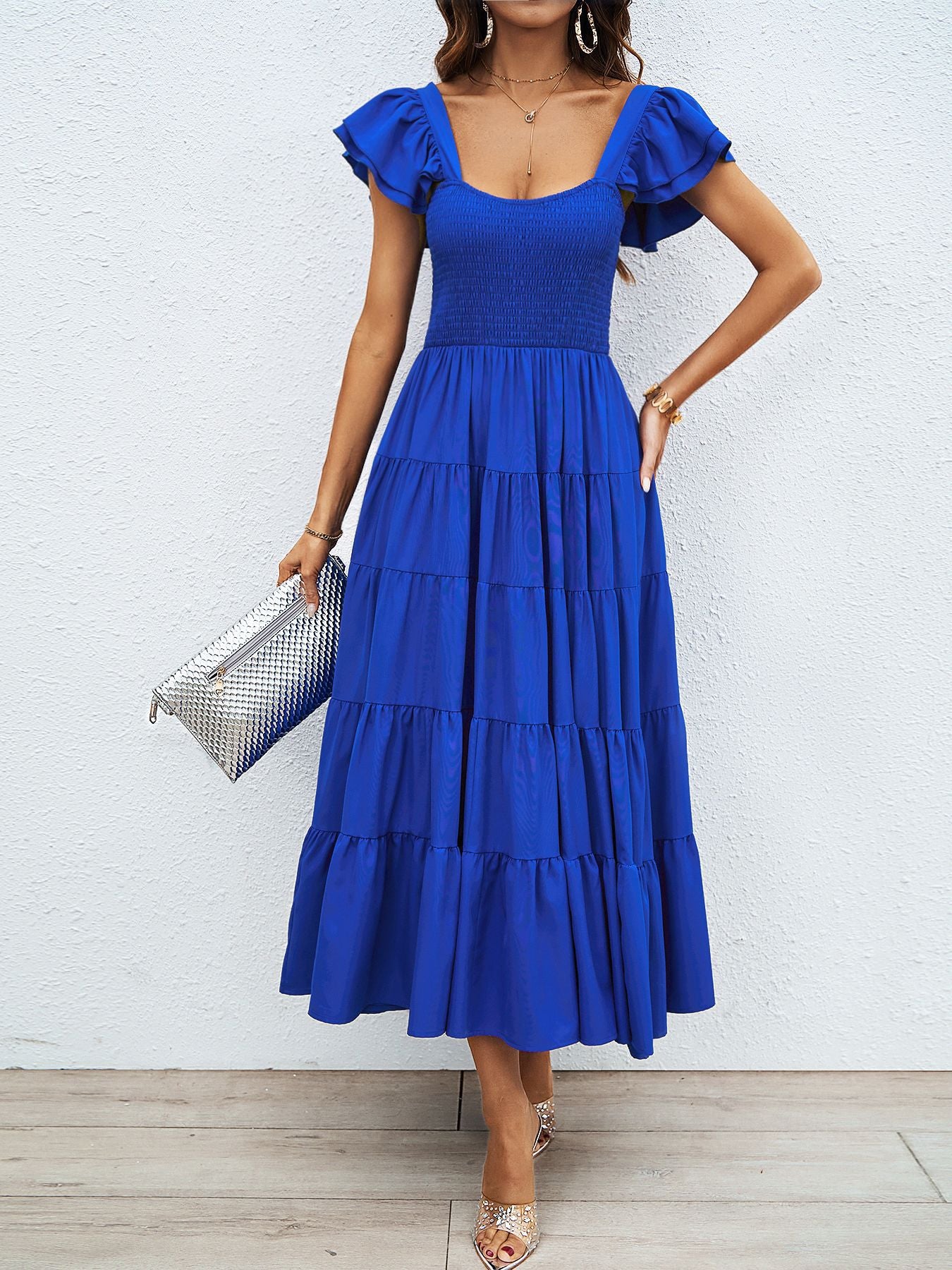 Womens Boho Print Midi Dress with Ruffle Sleeves & Pleated Skirt | Square Neckline | noémi