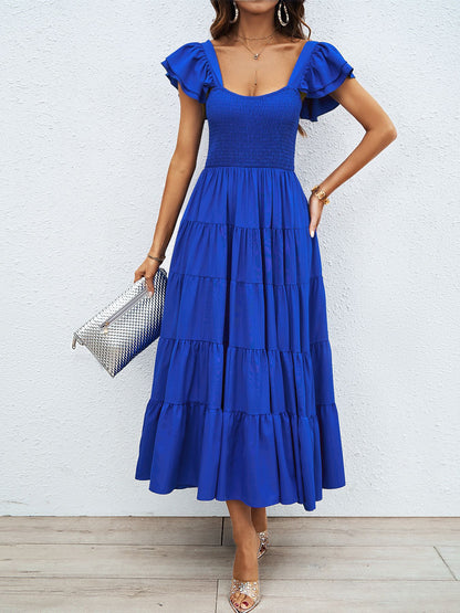 Womens Boho Print Midi Dress with Ruffle Sleeves & Pleated Skirt | Square Neckline | noémi