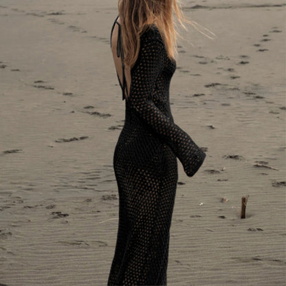 Cutout V Neck Long Sleeve Dress with Metal Buckle | noémi