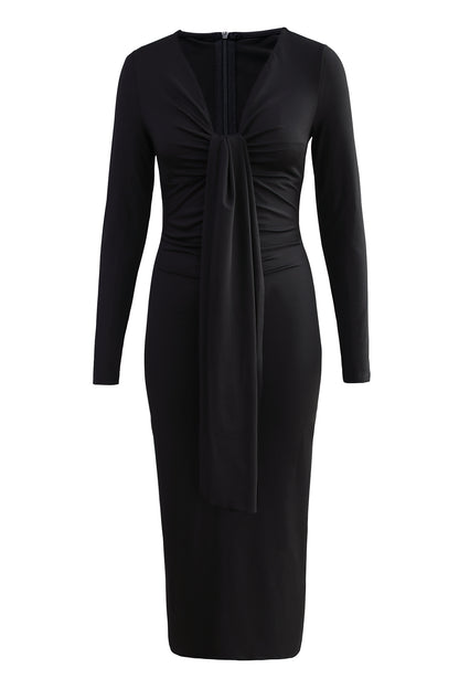 Pleated V Neck Dress with Fitted Waist and Long Sleeves | noémi