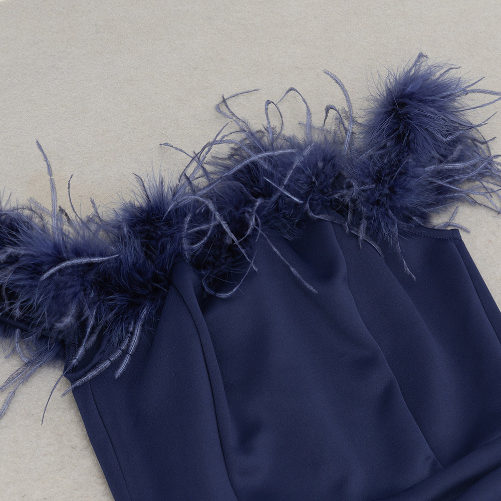 Womens Off Shoulder Ruffled Maxi Dress | Slim Fit, Feather Trim Detail | noémi