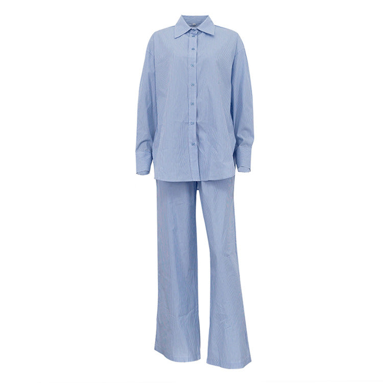 Striped Shirt Set for Women | Loose Collared Cardigan & WidenLeg Trousers | noémi