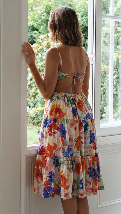 Sundress for Women | Printed Floral Strap Backless Lace Up Dress | noémi