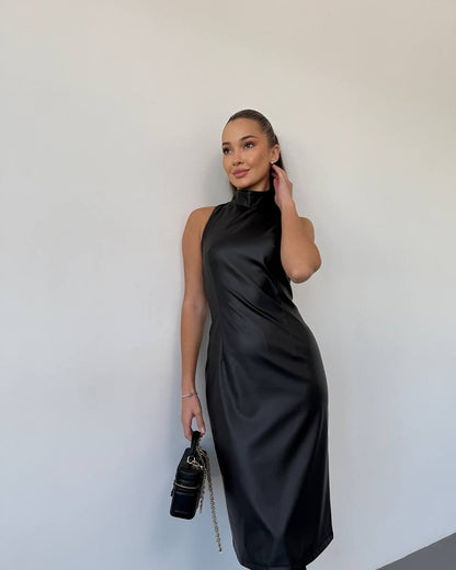 Sleeveless | Stand Collar | Side Split | Slim Fit | Faux Leather Dress | noémi