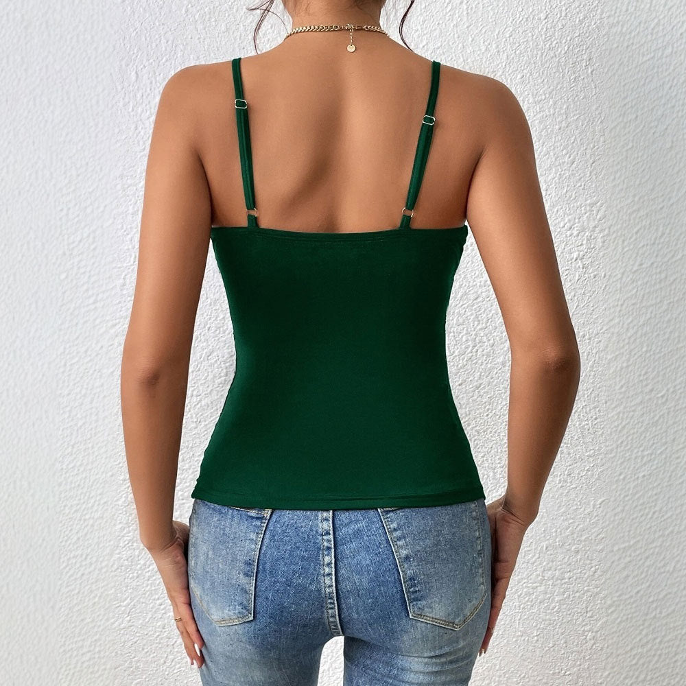 Womens Green Ruched Sleeveless Cami Top | V Neck Tank, Adjustable Spaghetti Straps Slim Fit | noémi