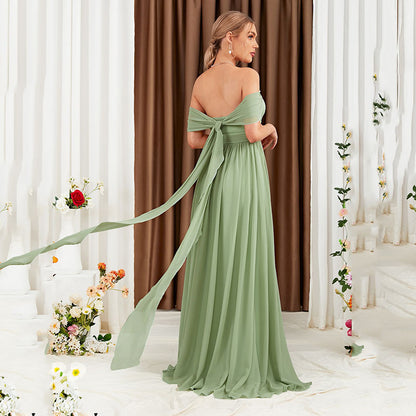 Off Shoulder Slim Fit Dress in Green Flowy Maxi Style | noémi