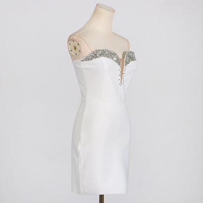 White Rhinestone Mini Dress | Sleeveless Tube Top Backless Dress | noémi