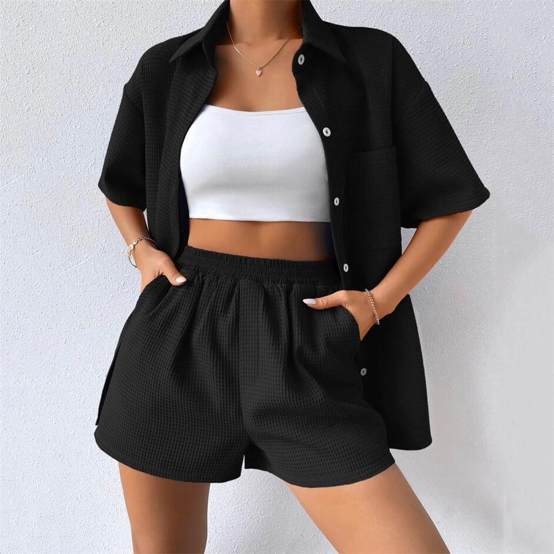 Womens Two Piece Set | Loose Short Sleeve Shirt Elastic Waist Shorts | noémi