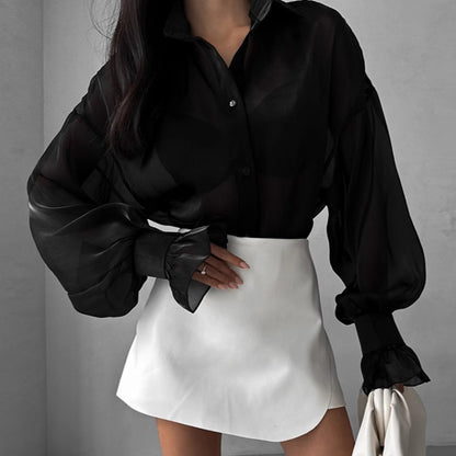 White Ruffle Top | See Through Yarn Shirt with Collared Design | noémi