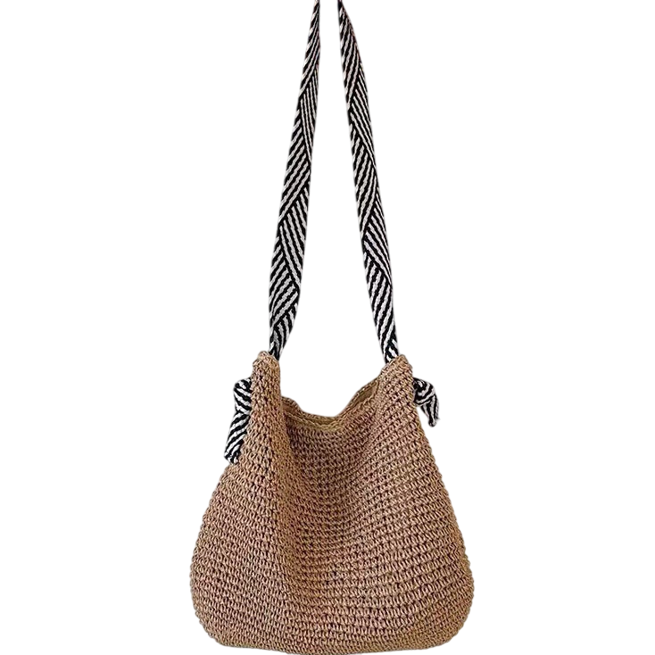 Navy Straw Shoulder Tote Bag – Hand-Woven, Striped-Handle Beach Carryall | noémi